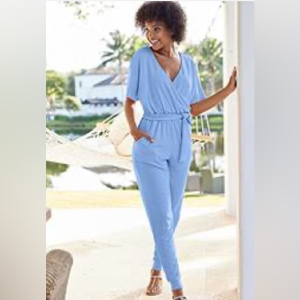 VENUS Jumpsuit Casual Short Sleeve Wrap V Neck Belted,  Light Blue size M